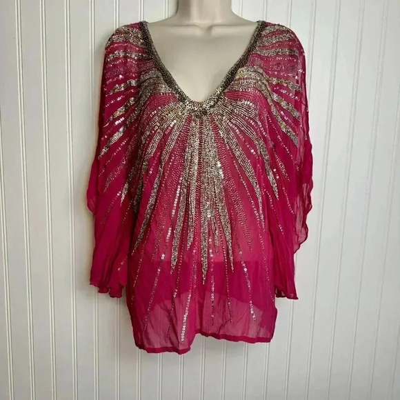 Boston Proper pink heavily beaded butterfly sleeve semi sheer top size small H36 - Picture 1 of 7